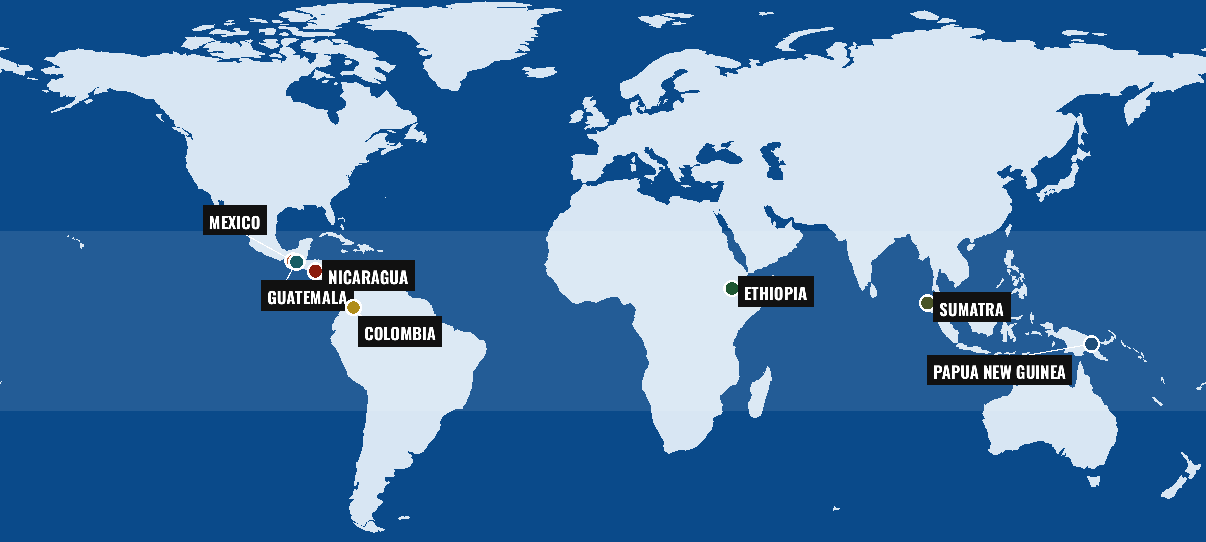 World map showing The Good Coffee Co. coffee origins: Mexico, Guatemala, Nicaragua, Colombia, Ethiopia, Sumatra, and Papua New Guinea